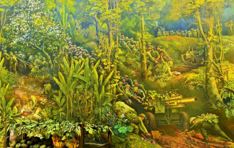 Tái hiện hình ảnh bộ đội kéo pháo vào mặt trận Điện Biên Phủ (một phần trong bức tranh panorama tại Bảo tàng Chiến thắng Điện Biên Phủ)