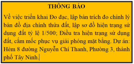 Thông báo đo đạc cắm mốc hẻm 8 đường Nguyễn Chí Thanh, Phường 3, thành phố Tây Ninh