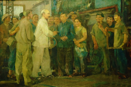 Bác Hồ với công nhân xe lửa Gia Lâm (tranh: Phạm Lung, sáng tác năm 1969) _Ảnh: Tư liệu