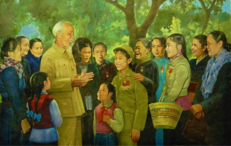 Bác Hồ với nữ chiến sĩ thi đua miền Bắc (tranh của họa sĩ Vương Trình, sáng tác năm 1967).