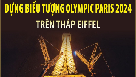 Dựng biểu tượng Olympic Paris 2024 trên Tháp Eiffel