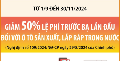 Từ 1/9 đến 30/11/2024: Giảm 50% lệ phí trước bạ lần đầu đối với ô tô sản xuất, lắp ráp trong nước