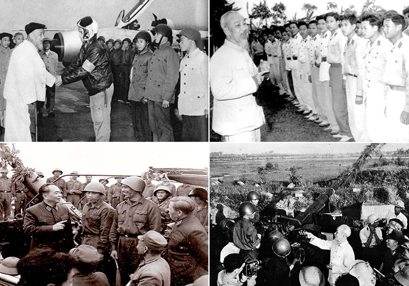 Bác Hồ và Đại tướng Võ Nguyên Giáp đến thăm Quân chủng Phòng không - Không quân. Ảnh: Tư liệu.