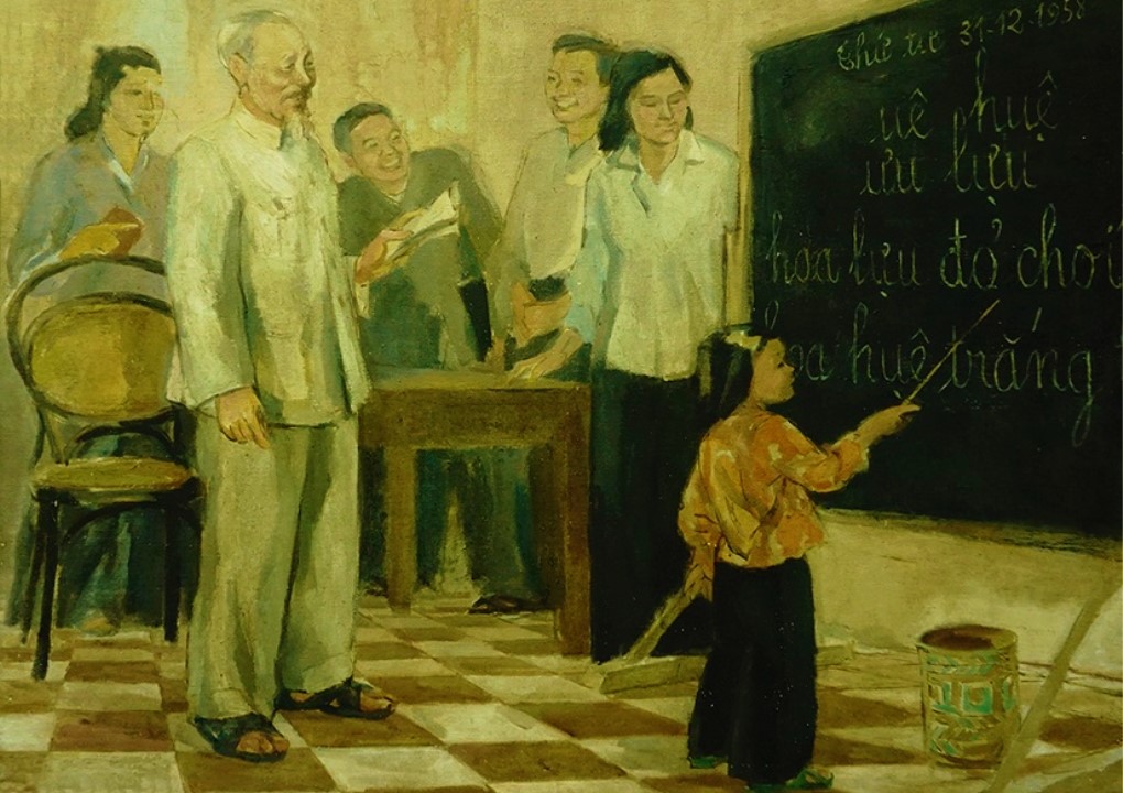 Bác Hồ thăm lớp học vỡ lòng. (Tranh của họa sĩ Đỗ Hữu Huề. Nguồn: nhandan.vn)