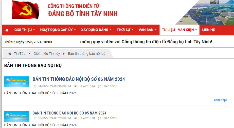Bản tin thông báo nội bộ được đăng tải hàng tháng trên cổng TTĐT Đảng bộ tỉnh Tây Ninh. Ảnh: chụp màn hình.