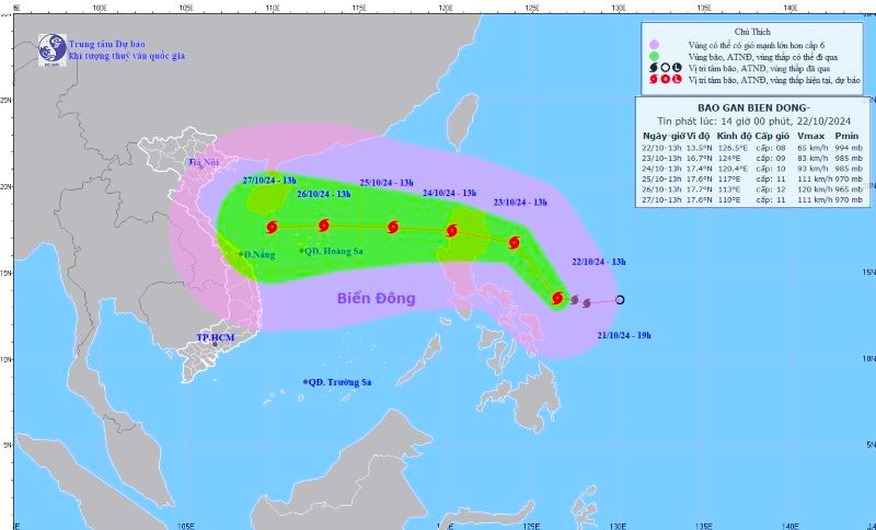Vị trí và đường đi của bão số 6 lúc 14h00 chiều nay. Ảnh: TT KTTV